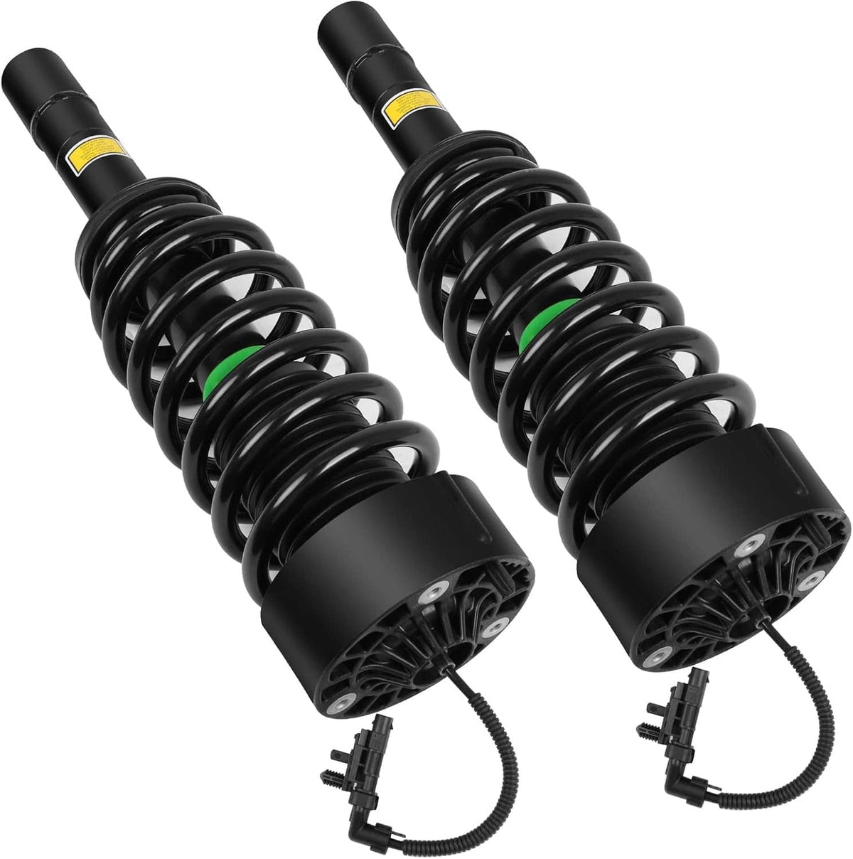 Pair of front shock strut assemblies with black coil springs and mounting cables