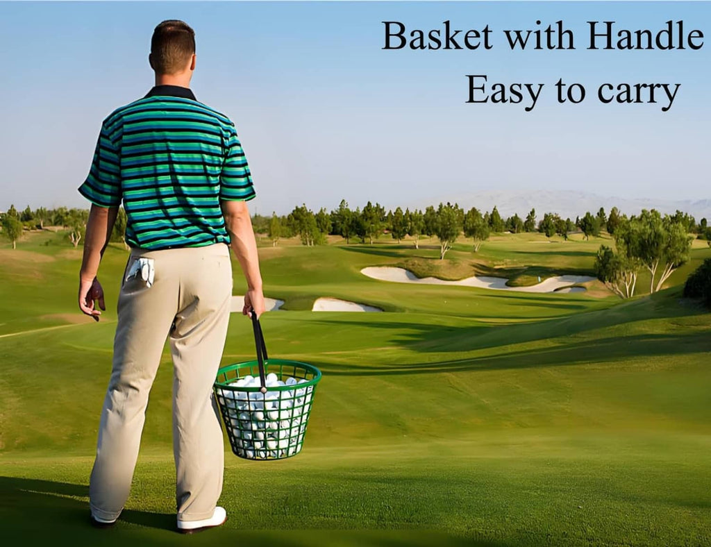 Green golf ball basket with curved handle, grid design for carrying balls