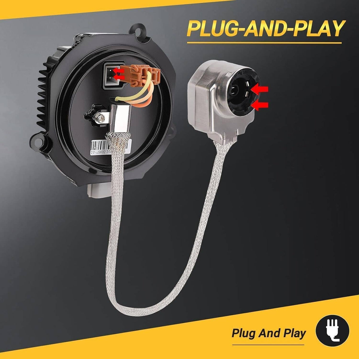 HID headlight ballast module with igniter and wiring leads, black housing