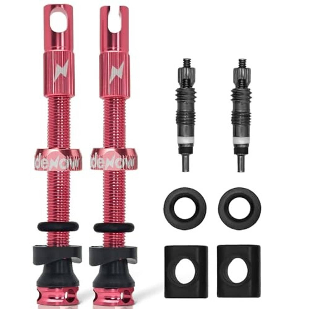 Set of two pink tubeless Presta valve stems with O-rings and black mounts