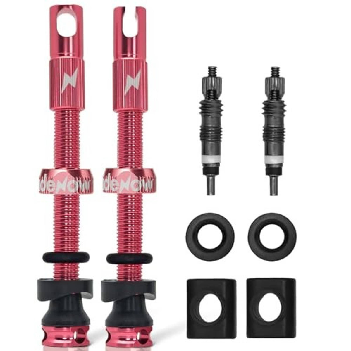 Set of two pink tubeless Presta valve stems with O-rings and black mounts