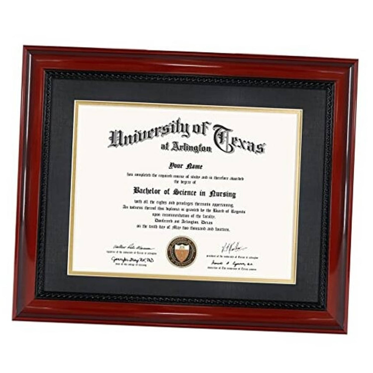 Cherry wood diploma frame with dark mat and cream certificate holder, front view