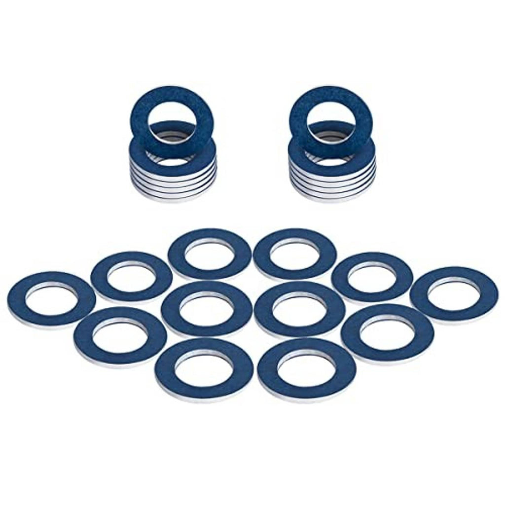 Set of blue oil drain plug crush washers, flat metal rings with dark coating
