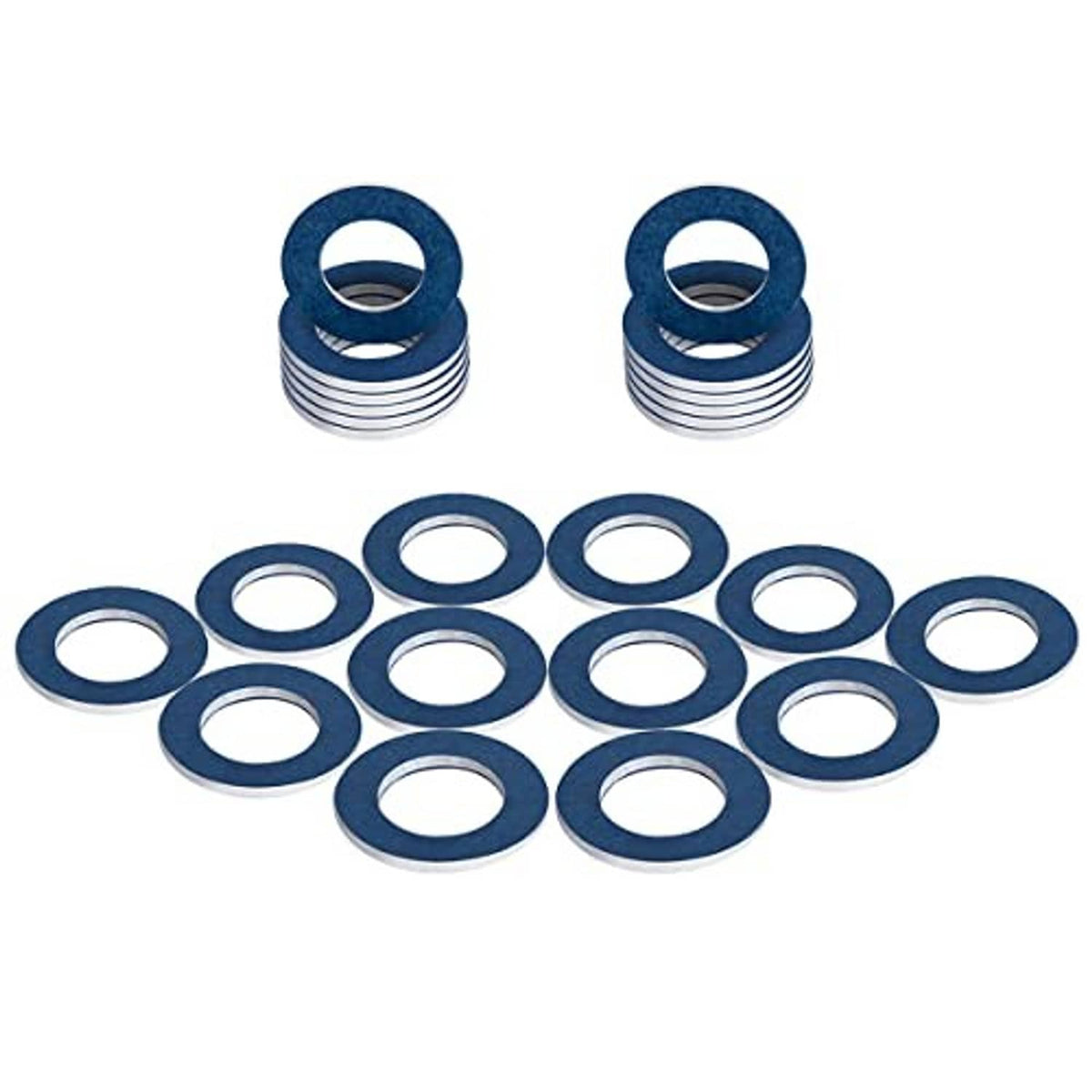 Set of blue oil drain plug crush washers, flat metal rings with dark coating