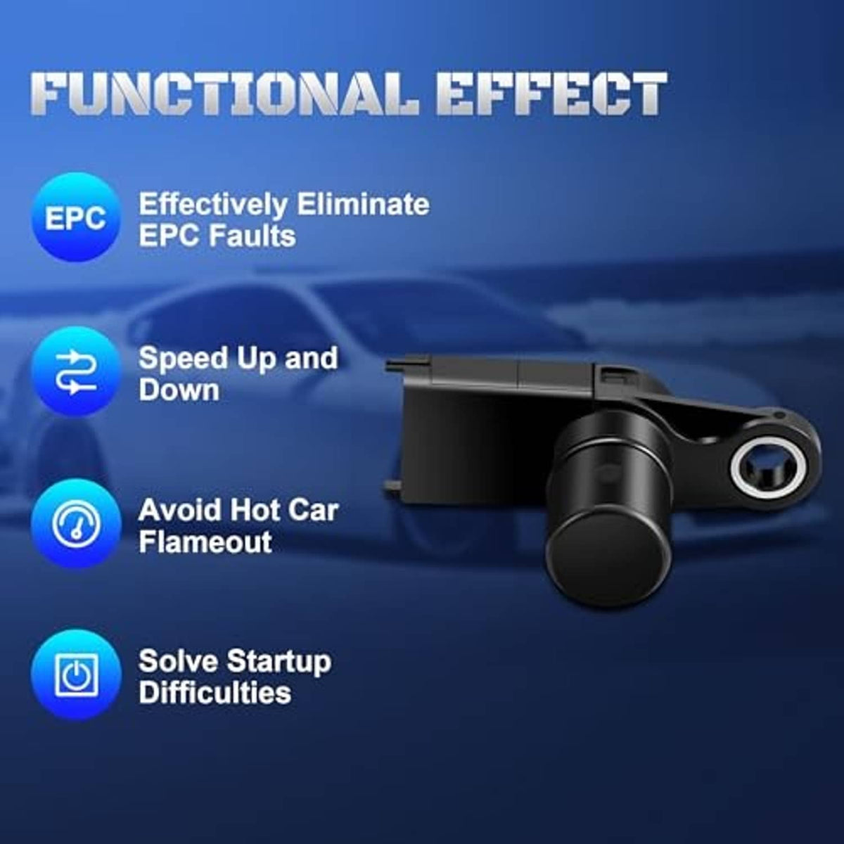 Camshaft position sensor with black cylindrical body and flange-ready mounting
