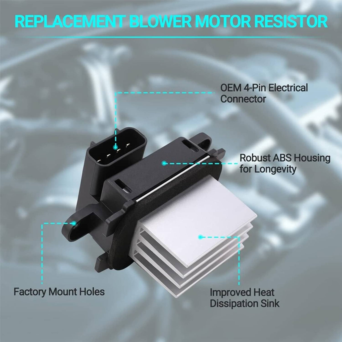 HVAC blower motor resistor with ABS housing, factory mounting holes, and 4-pin connector