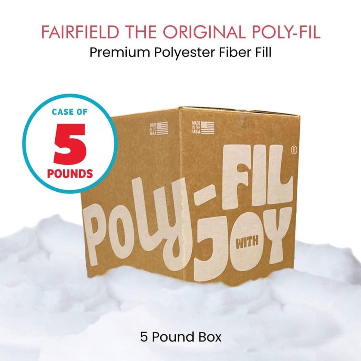 5 pound box of Poly-fil premium polyester fiber fill, white fluff spilling