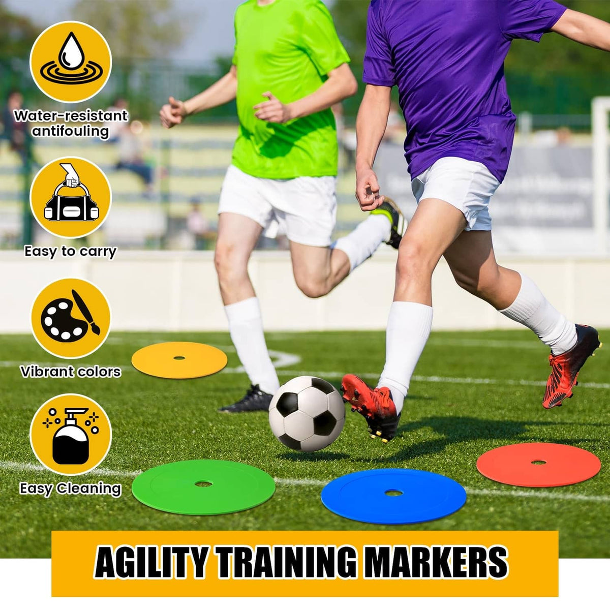 Colorful agility training flat markers on grass with drawstring storage bag
