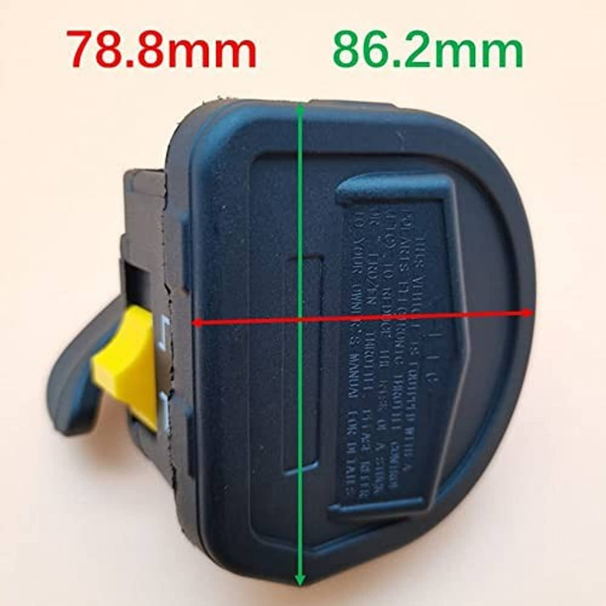 Thumb throttle lever back cover with printed label panel and yellow side tab