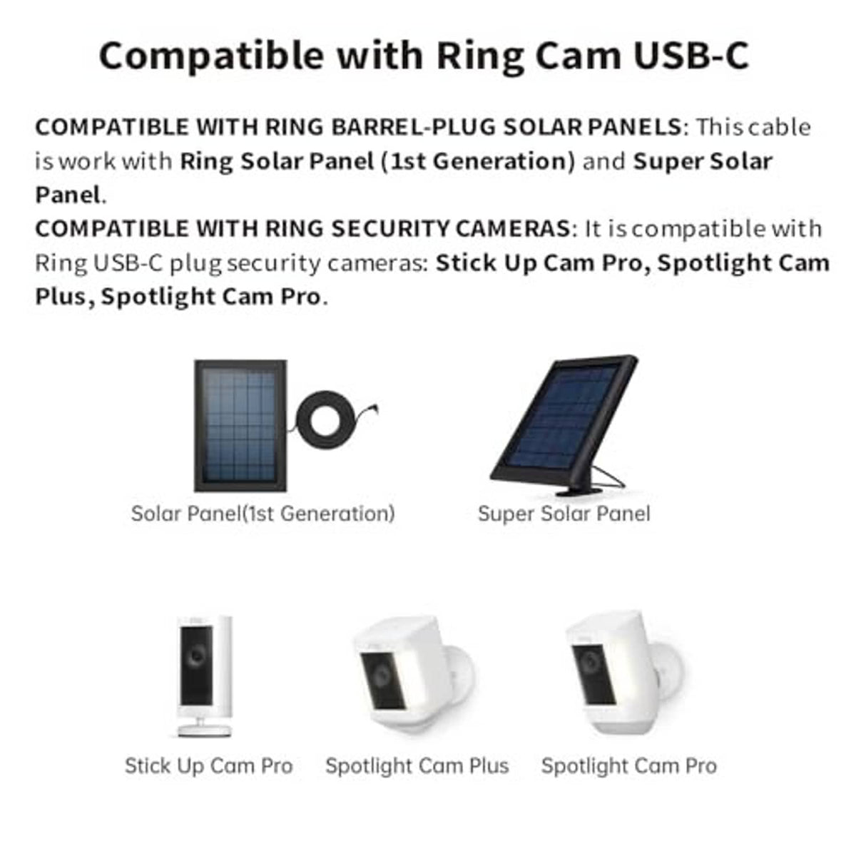 Solar panel and security camera compatibility diagram for DC barrel-to-USB-C adapter