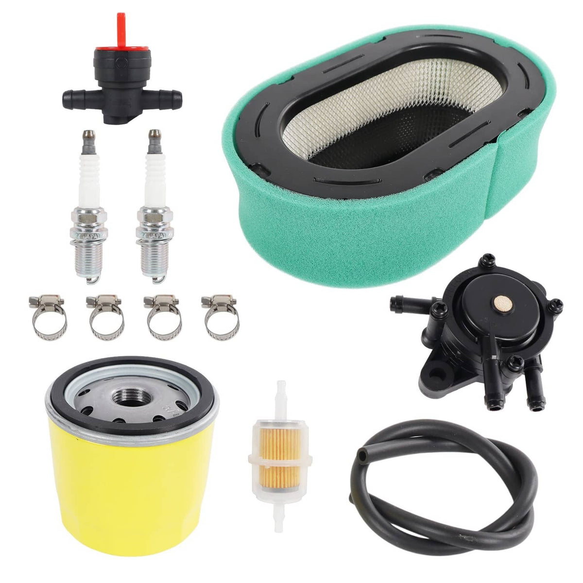 Air filter tune-up kit with green air filter, yellow oil filter, spark plugs, and clamps