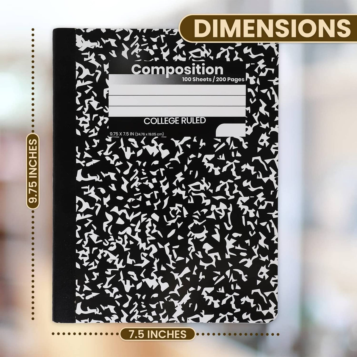 Black composition notebook, hard cover, college-ruled, 7.5 in x 9.75 in dimensions