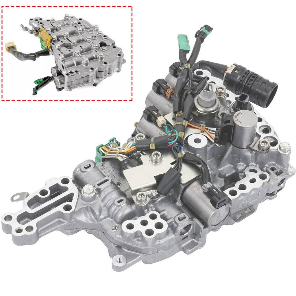 CVT transmission control valve body with solenoids, main unit plus wiring and connector details.