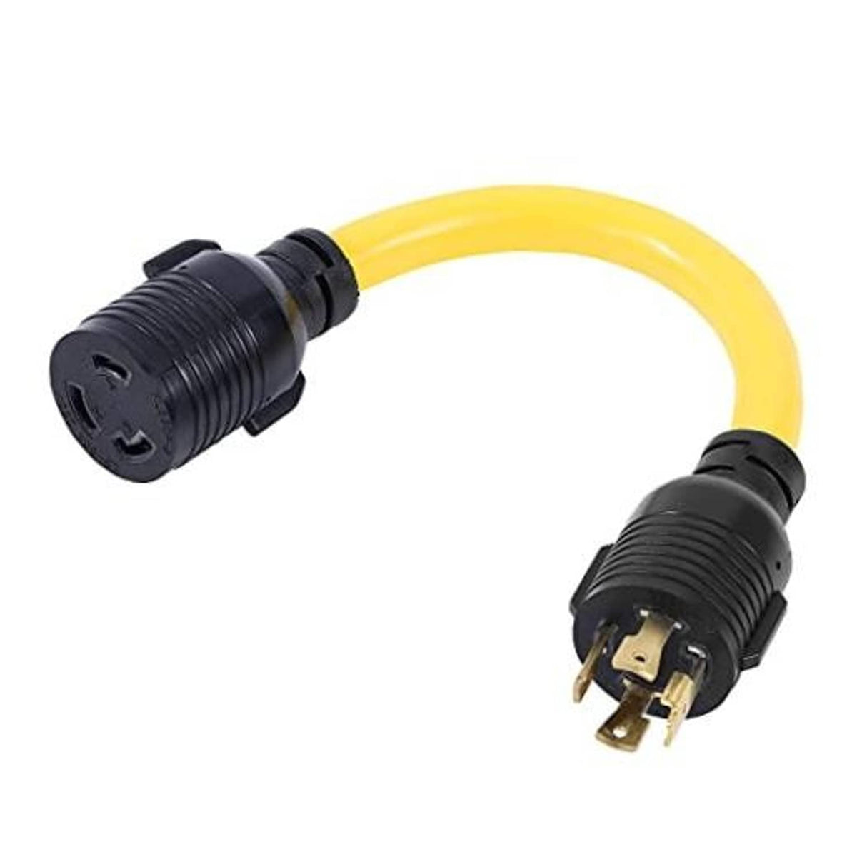 Twist-lock power adapter cable with black plugs and yellow jacket, 4-prong male end