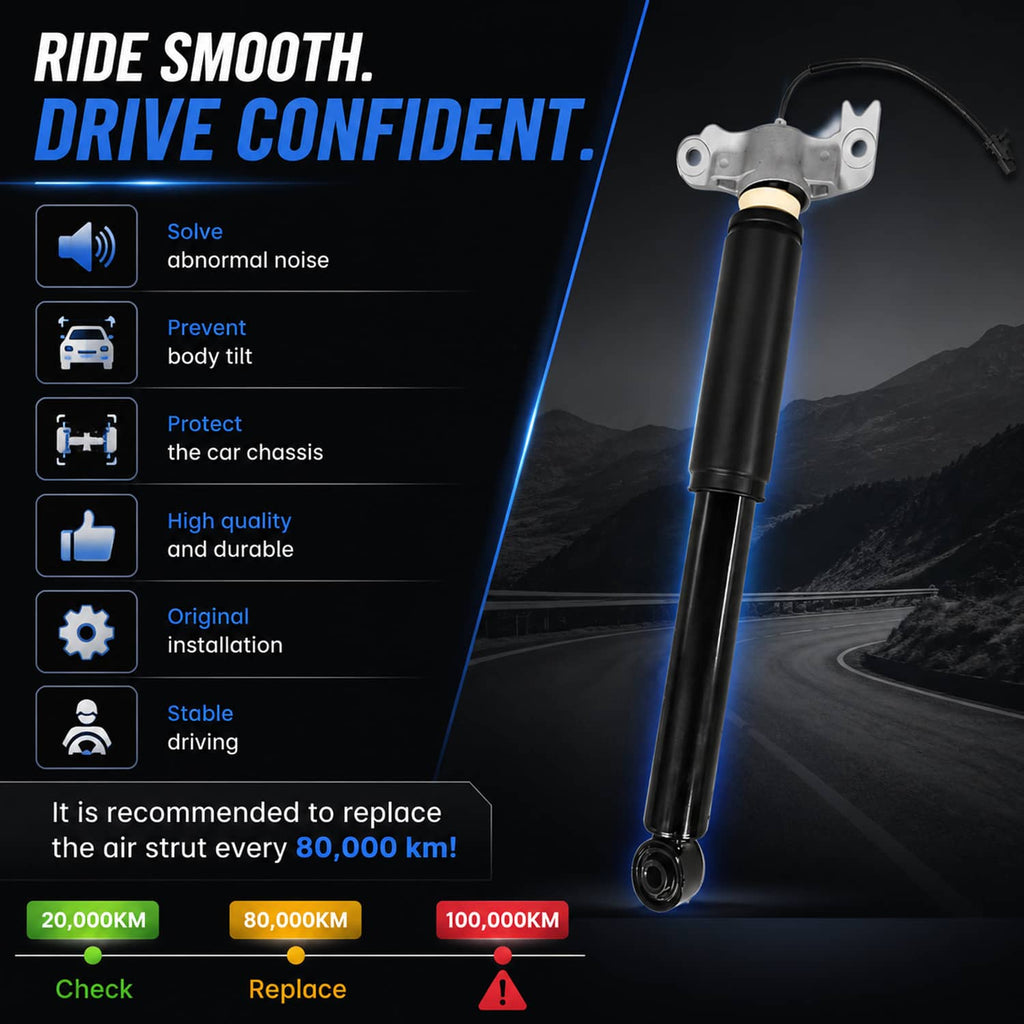 Air shock strut with black damper and silver top mounting bracket