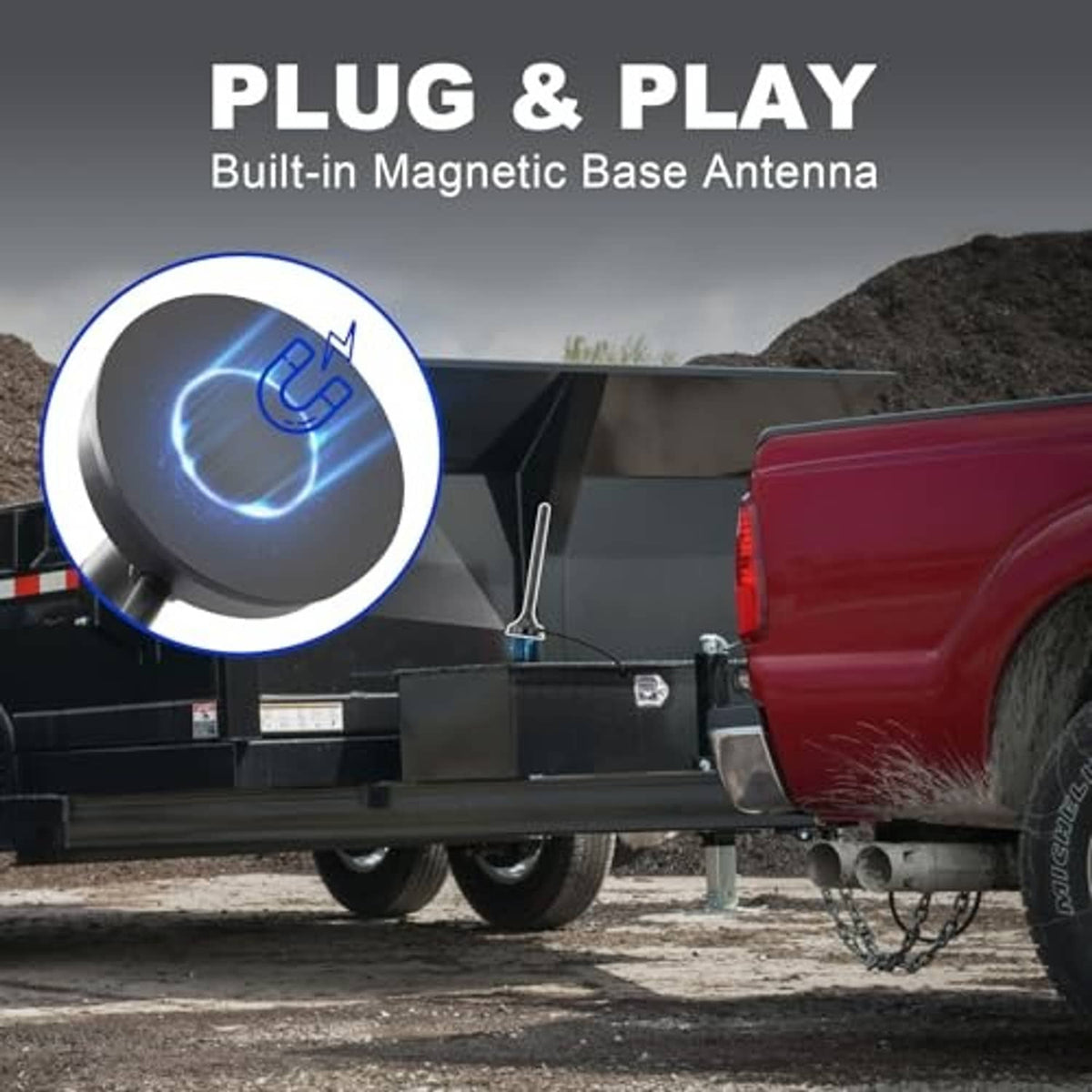 Magnetic base antenna for wireless dump trailer remote control with cable