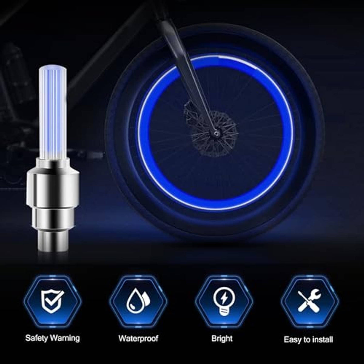 LED tire valve stem cap beside a wheel with a bright blue light ring