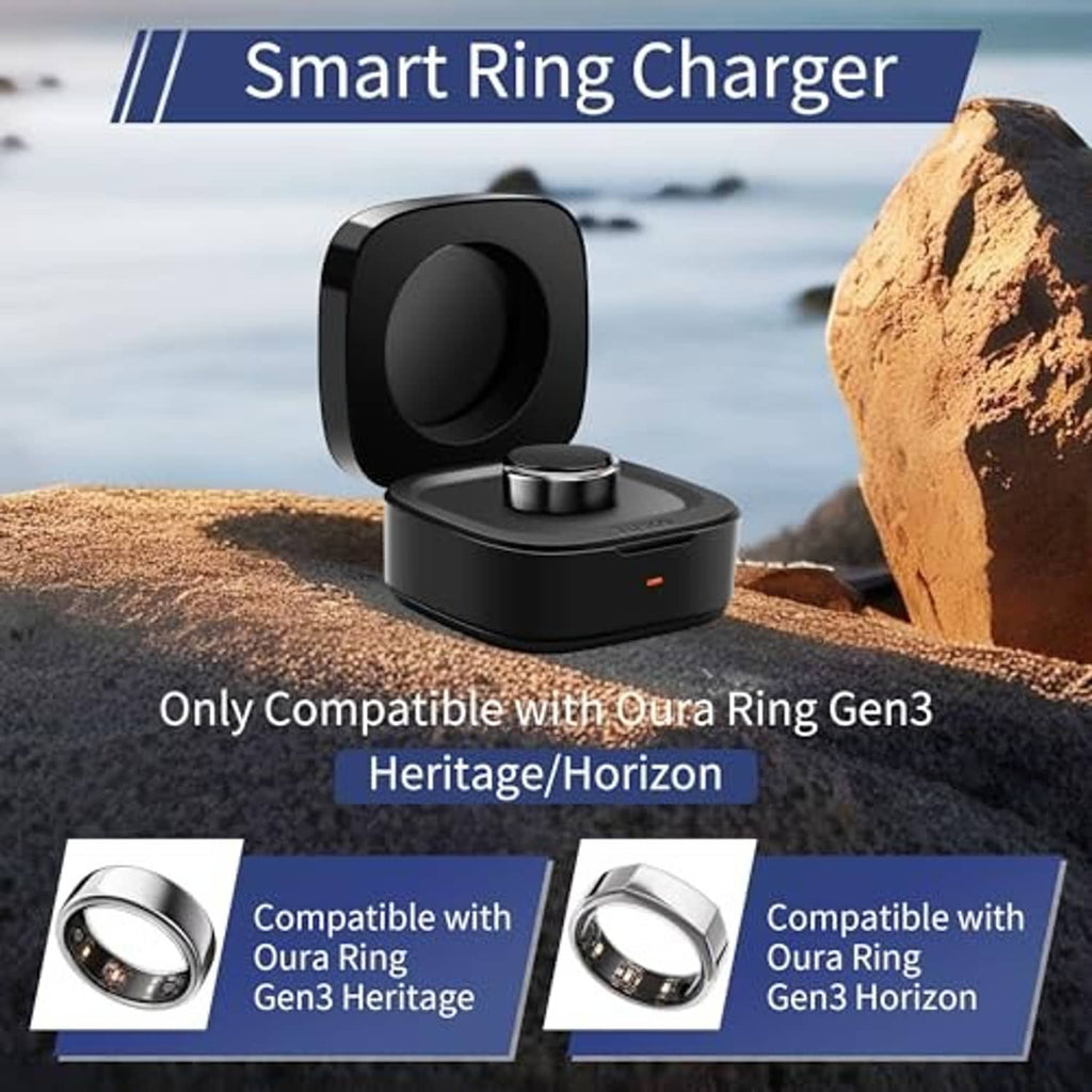 Black smart ring charger case with open lid and circular charging cradle