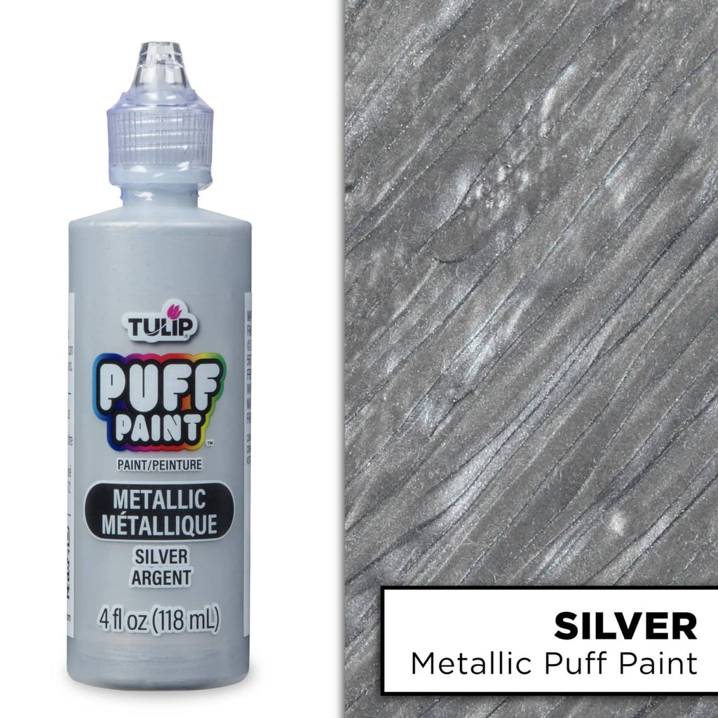 Tulip Puff Paint metallic silver bottle with textured silver puff paint sample panel.