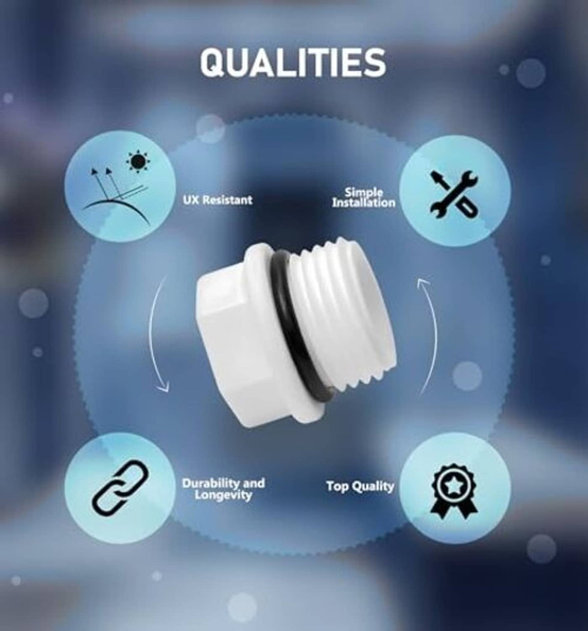White PVC threaded pipe end cap with black ring, close-up