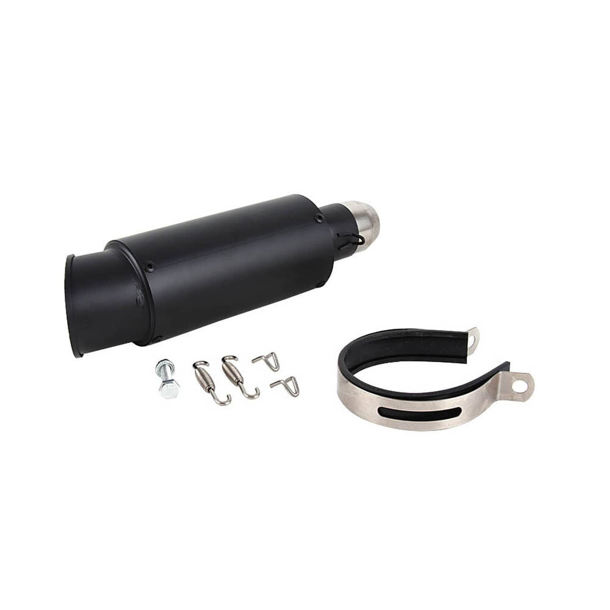 Black universal exhaust muffler tail pipe kit with clamp ring and mounting springs.