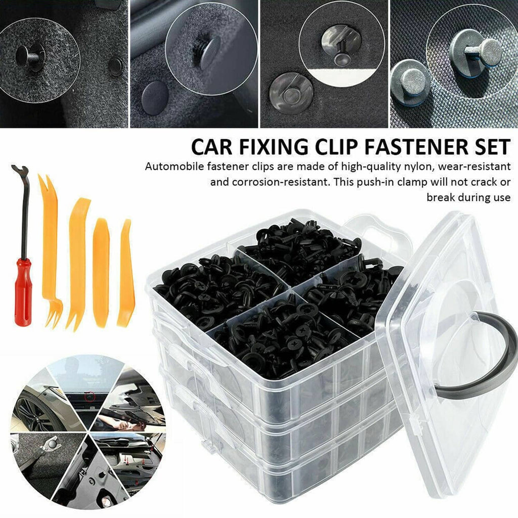 Black push-in car retainer clips with circular mounting caps, close-up detail