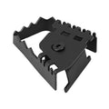 Motorcycle rear brake pedal pad extension, black metal piece with bolt hole and clips