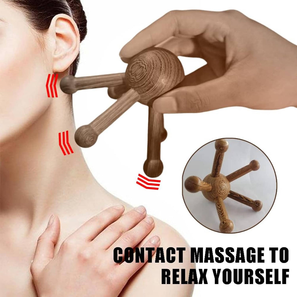 Brown 5-legged wooden massage tool held at the neck beside the ear.