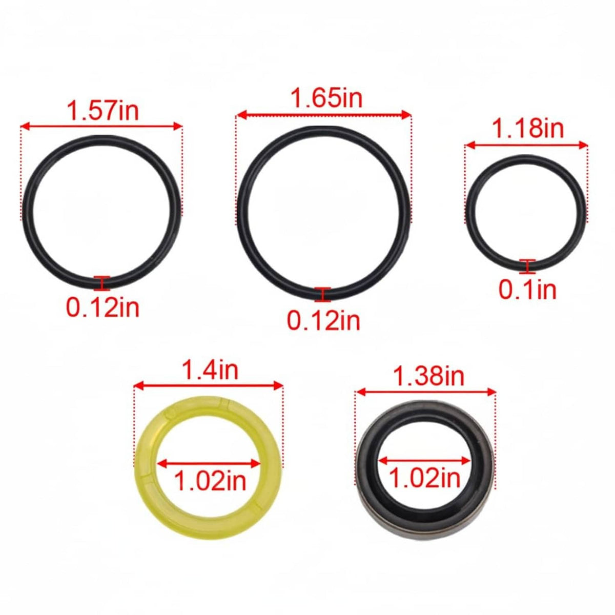 Hydraulic cylinder seal rings with measurements: black and yellow O-ring set