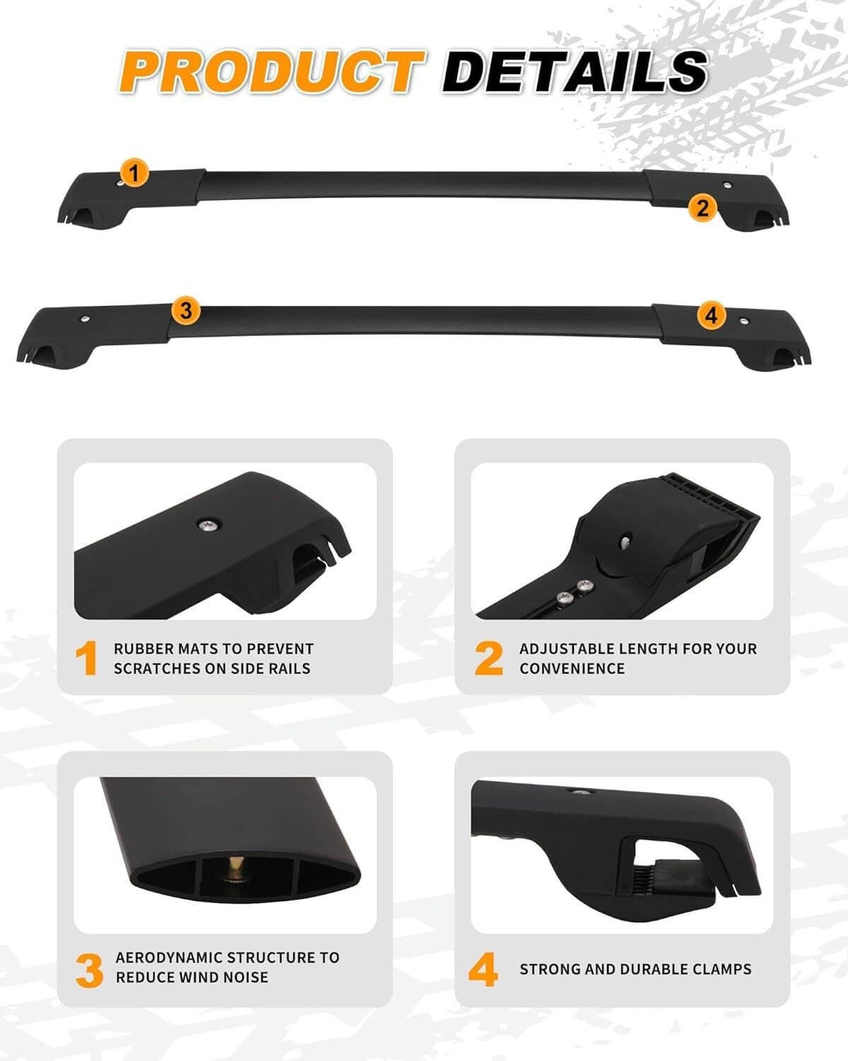 Black roof rack cross bars with end caps and rubber mats for side rail protection