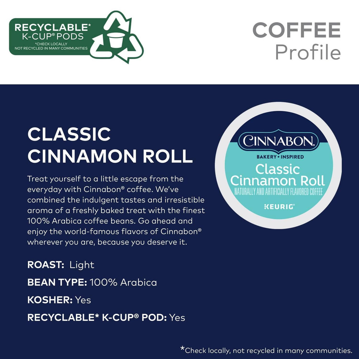 Coffee product info panel for Classic Cinnamon Roll K-Cup pods, light roast