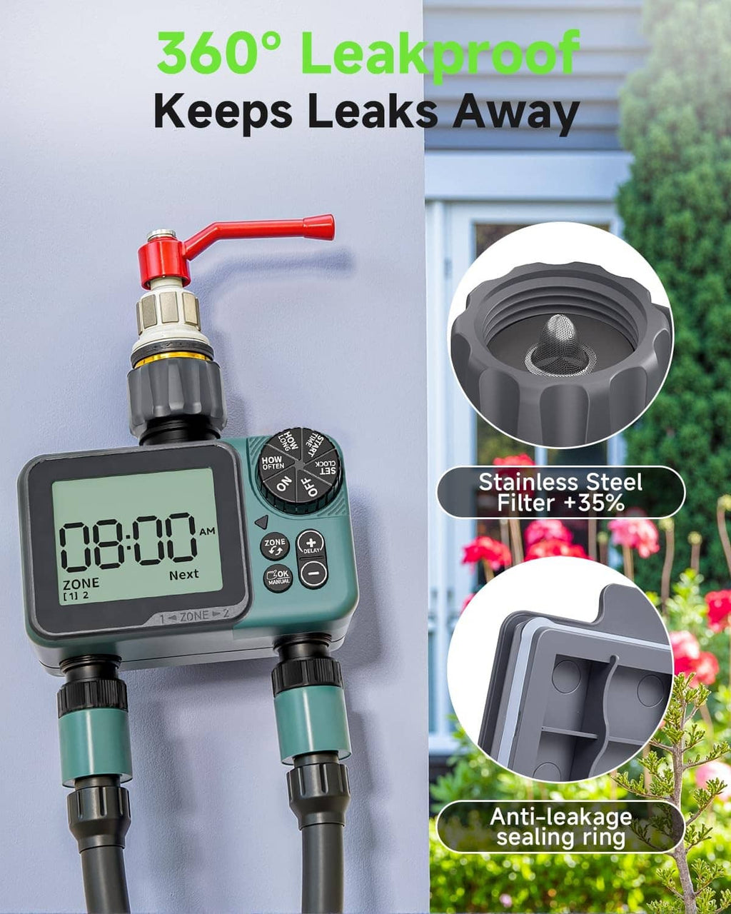 Green 2-zone sprinkler timer with leakproof anti-leak sealing ring and stainless filter