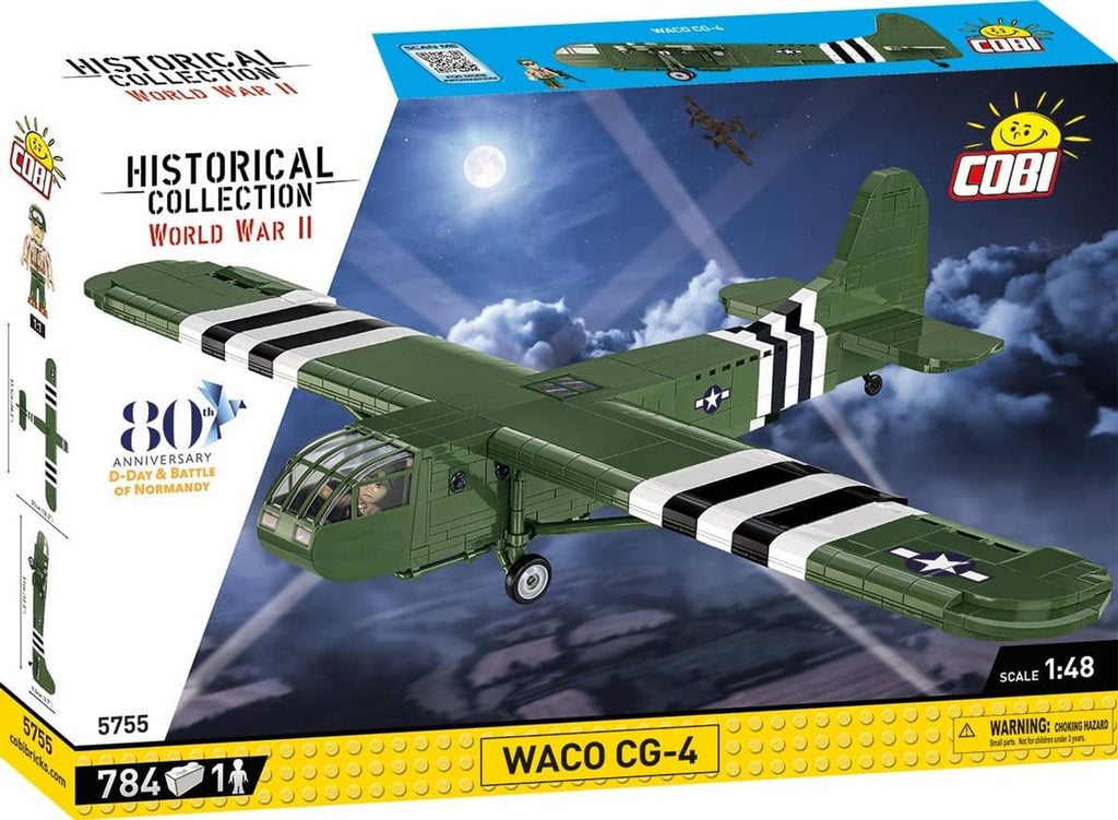 Green WACO CG-4 glider model with black-and-white stripes and star insignia on wing