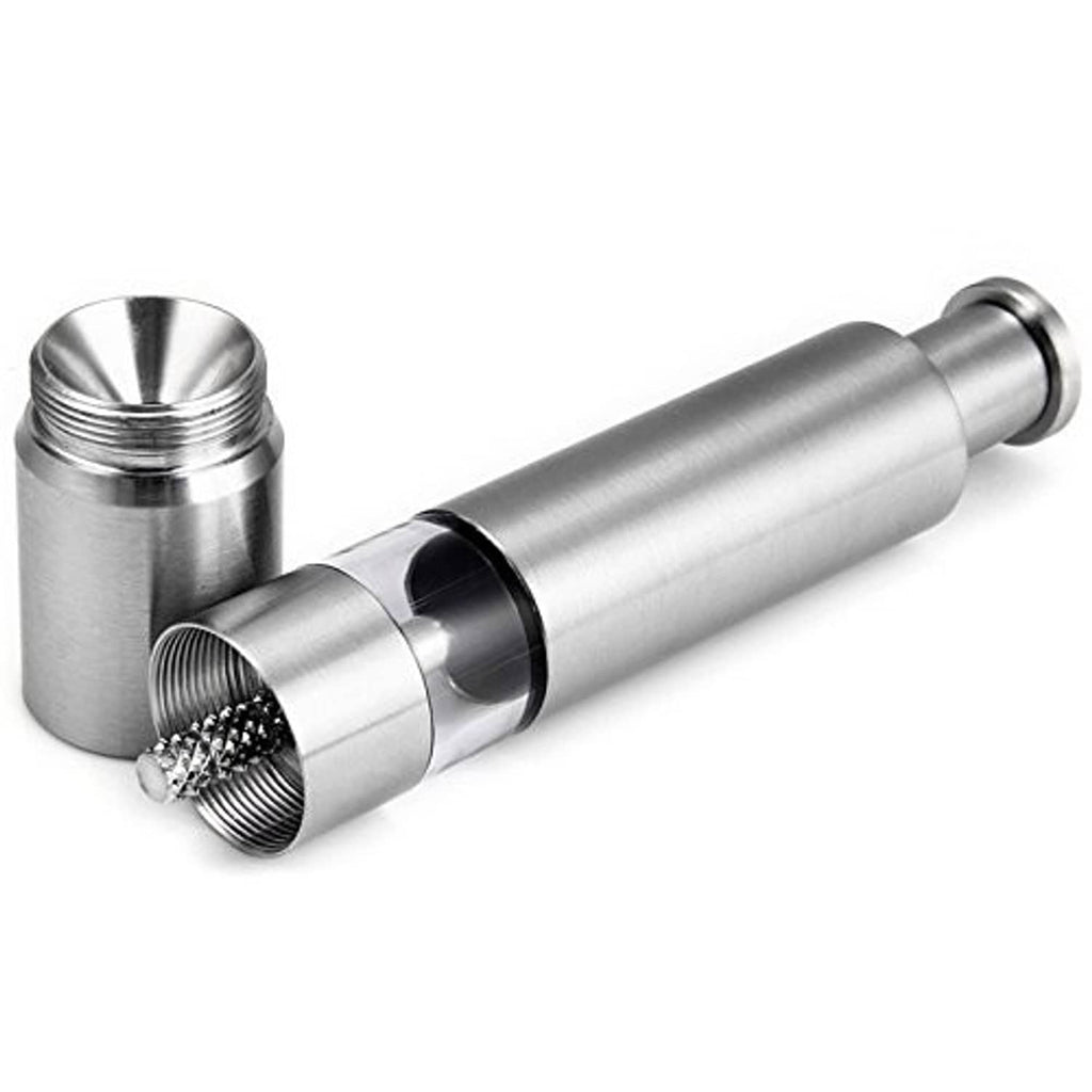 Stainless steel push-button grinder with removable grinding mechanism and threads