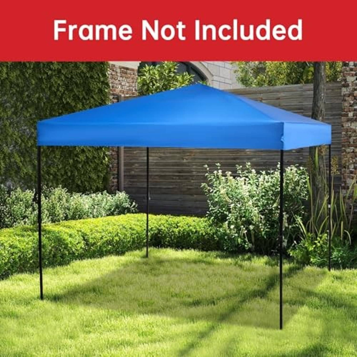 Blue pop-up canopy replacement top installed on a garden frame