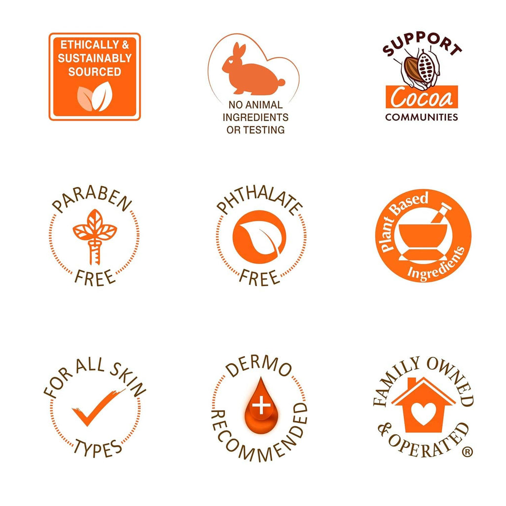 Cocoa butter lotion claim badges: no animal testing, paraben & phthalate free