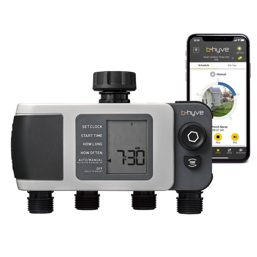 Gray Orbit B-hyve XD 4-port smart hose watering timer with LCD and four outlet ports