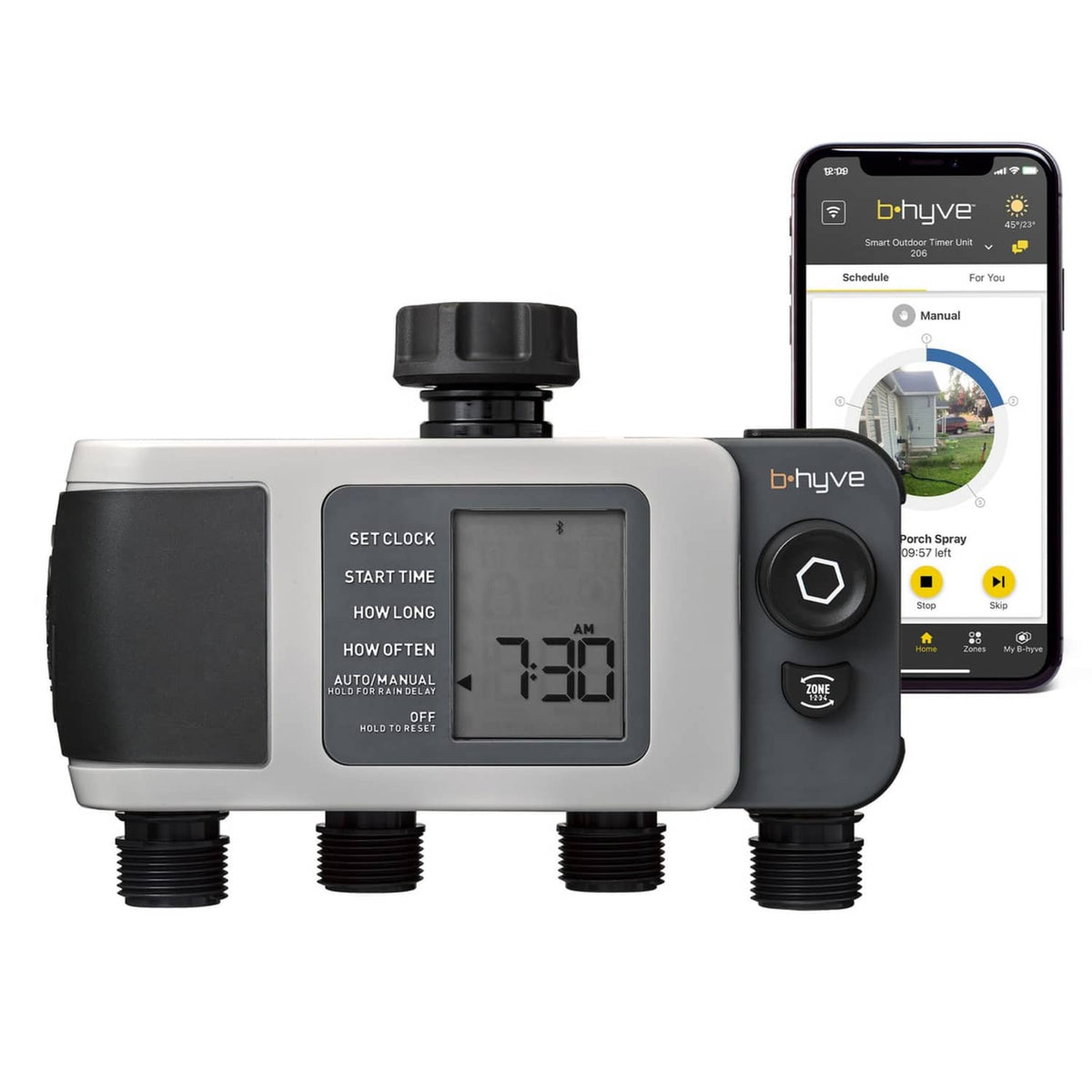 Gray Orbit B-hyve XD 4-port smart hose watering timer with LCD and four outlet ports