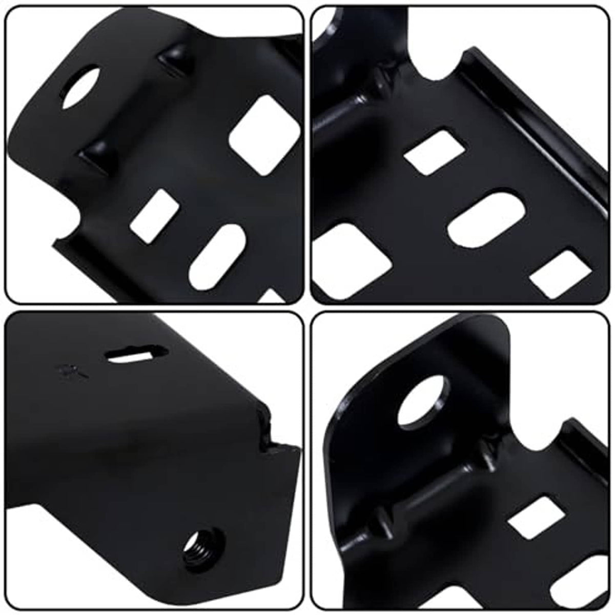 Black metal bracket retainer details with bolt holes, slots, and smooth mounting surface