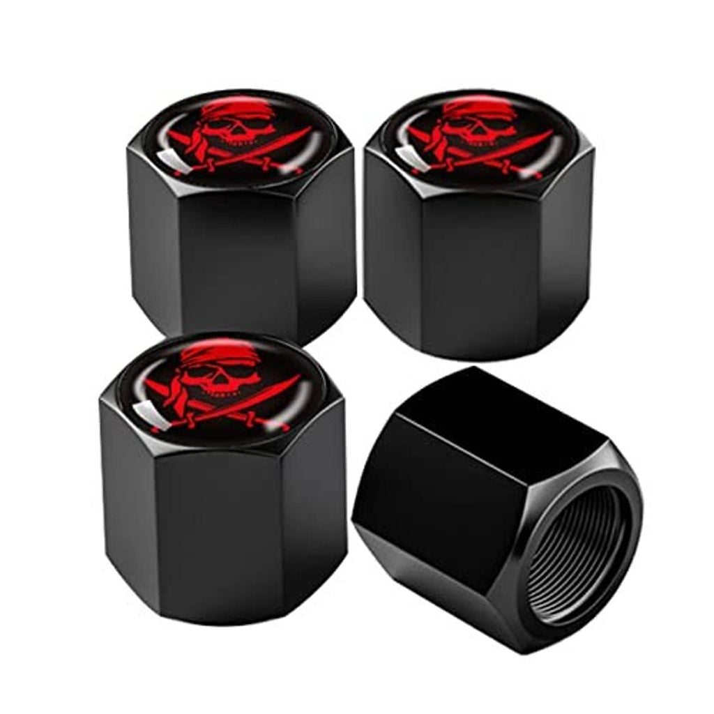 Four black hex tire valve caps with red skull emblems; one cap angled
