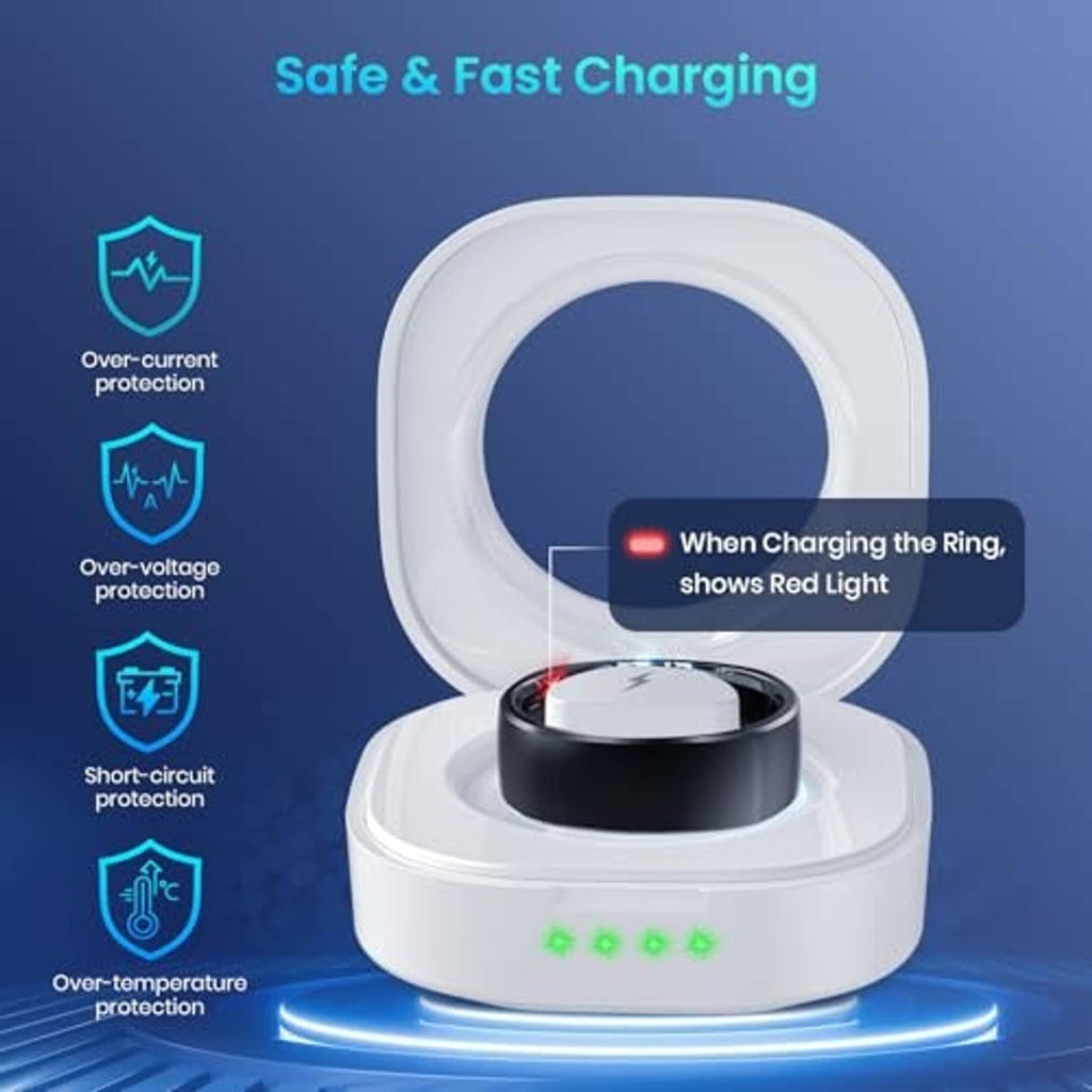 White ring charging case with black dock and red indicator light on the ring