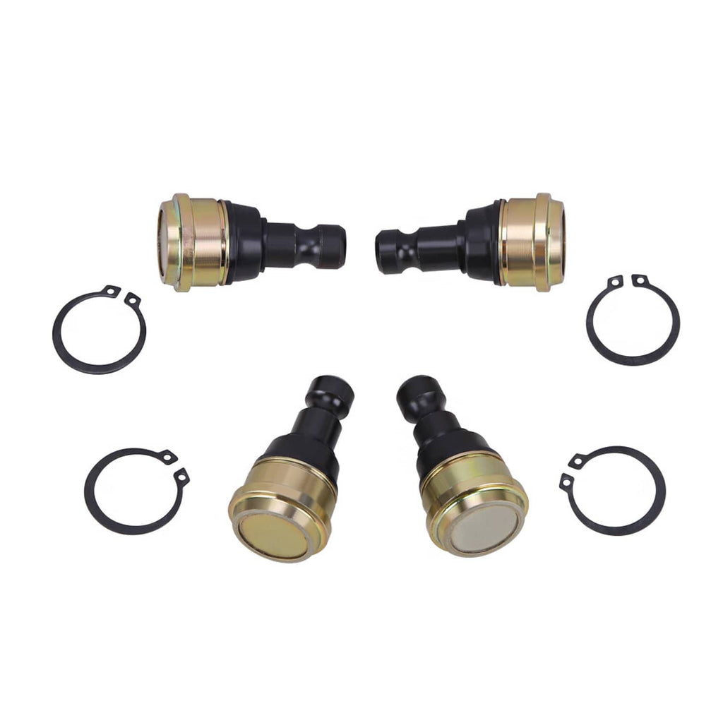 Two ball joint assemblies with black boots, gold sleeves, and mounting support rings