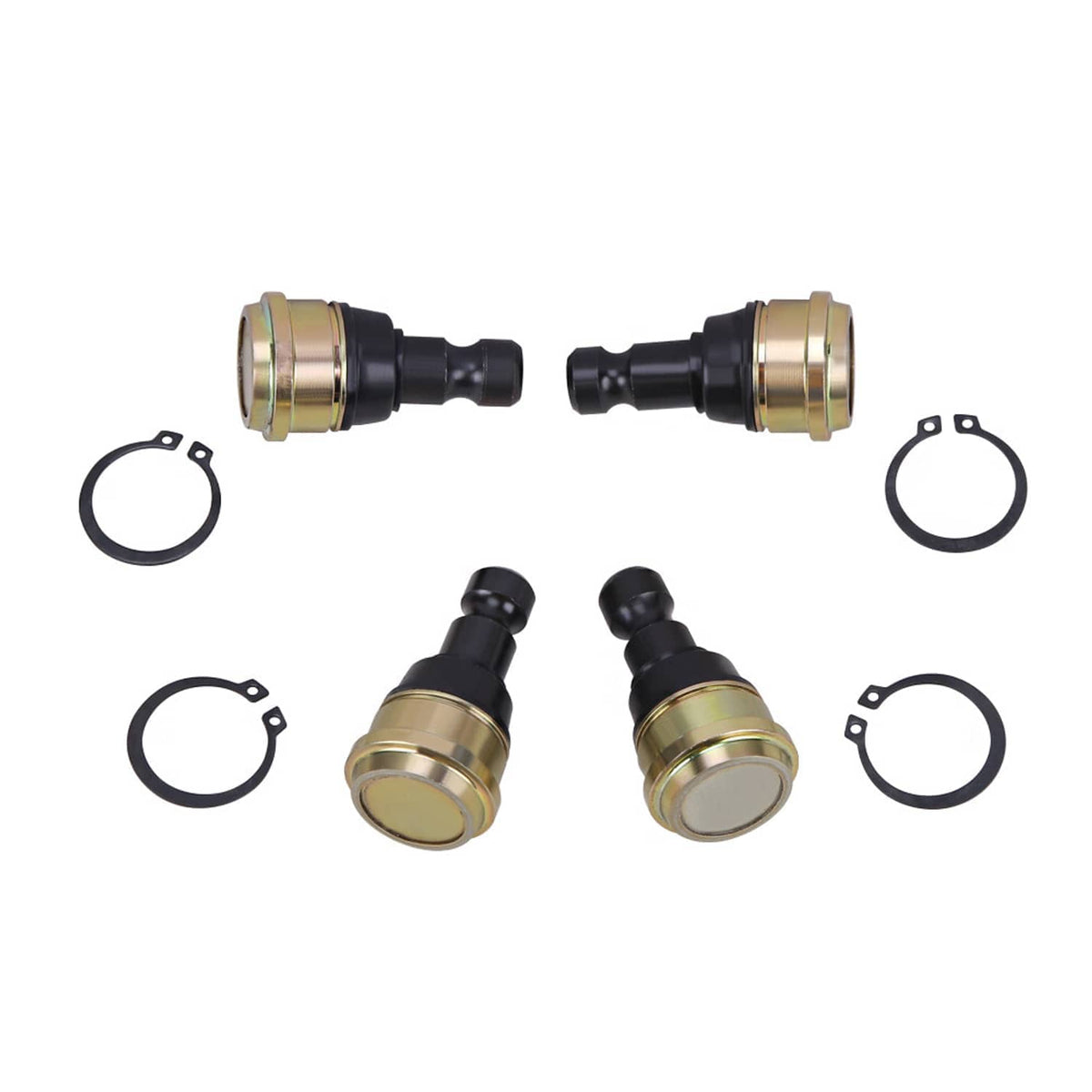 Two ball joint assemblies with black boots, gold sleeves, and mounting support rings