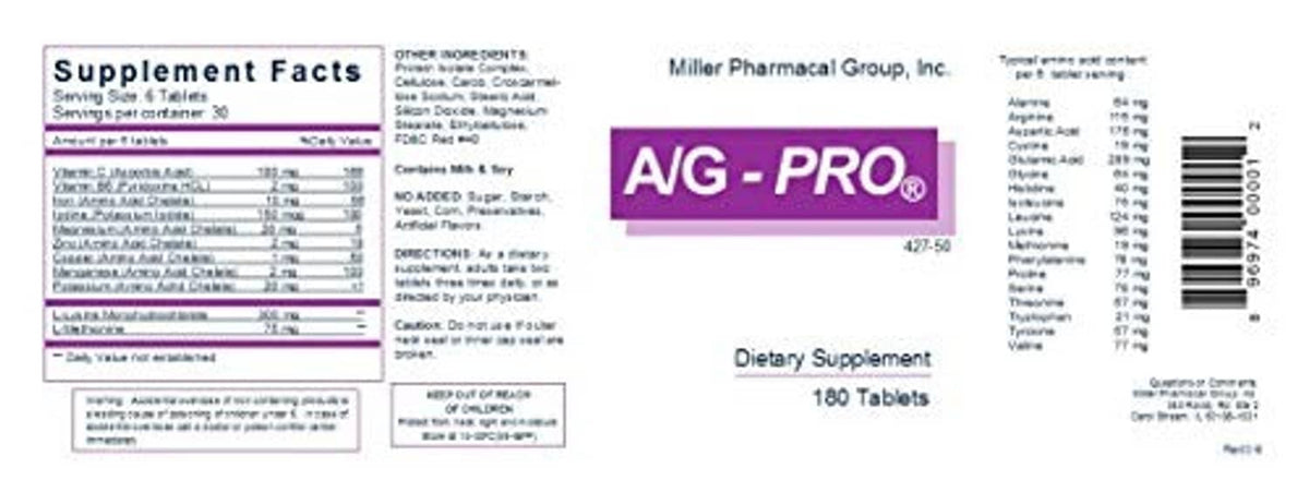 AG-PRO dietary supplement Supplement Facts panel, 180 tablets