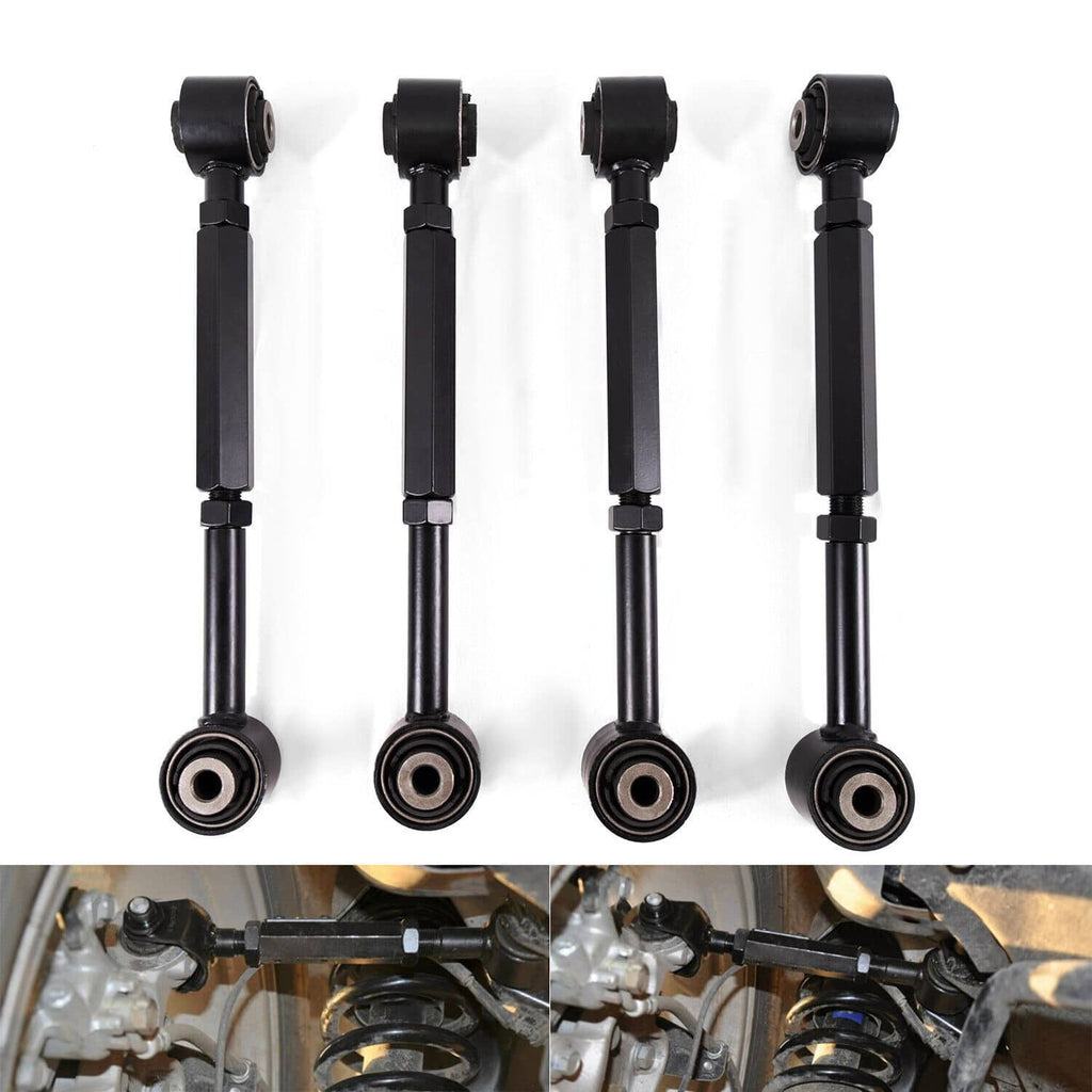 Four black rear control arms standing upright with bushing eyes and stud ends