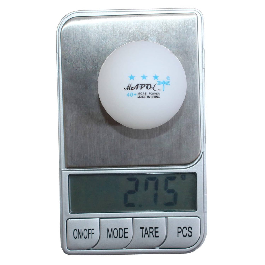 White 3-star table tennis ball with blue logo on digital scale (2.45)