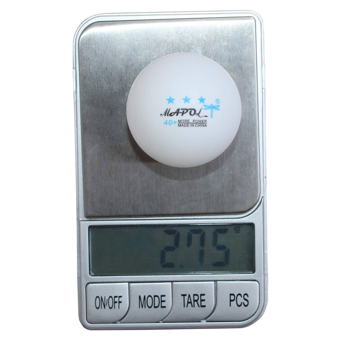 White 3-star table tennis ball with blue logo on digital scale (2.45)