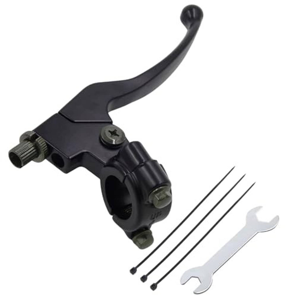 Black folding right clutch lever perch with brake lever, screws, and handlebar mounting parts