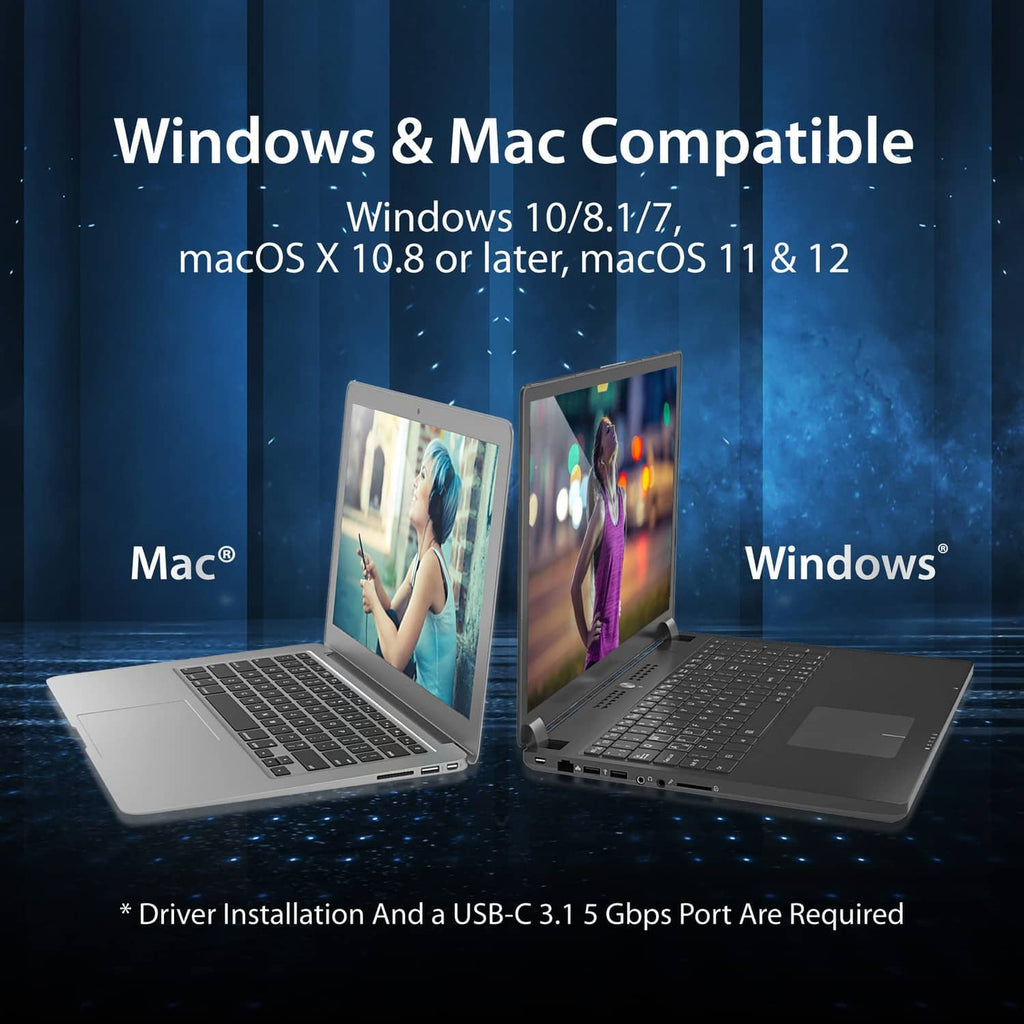 USB-C docking station setup with connected Windows and Mac laptops