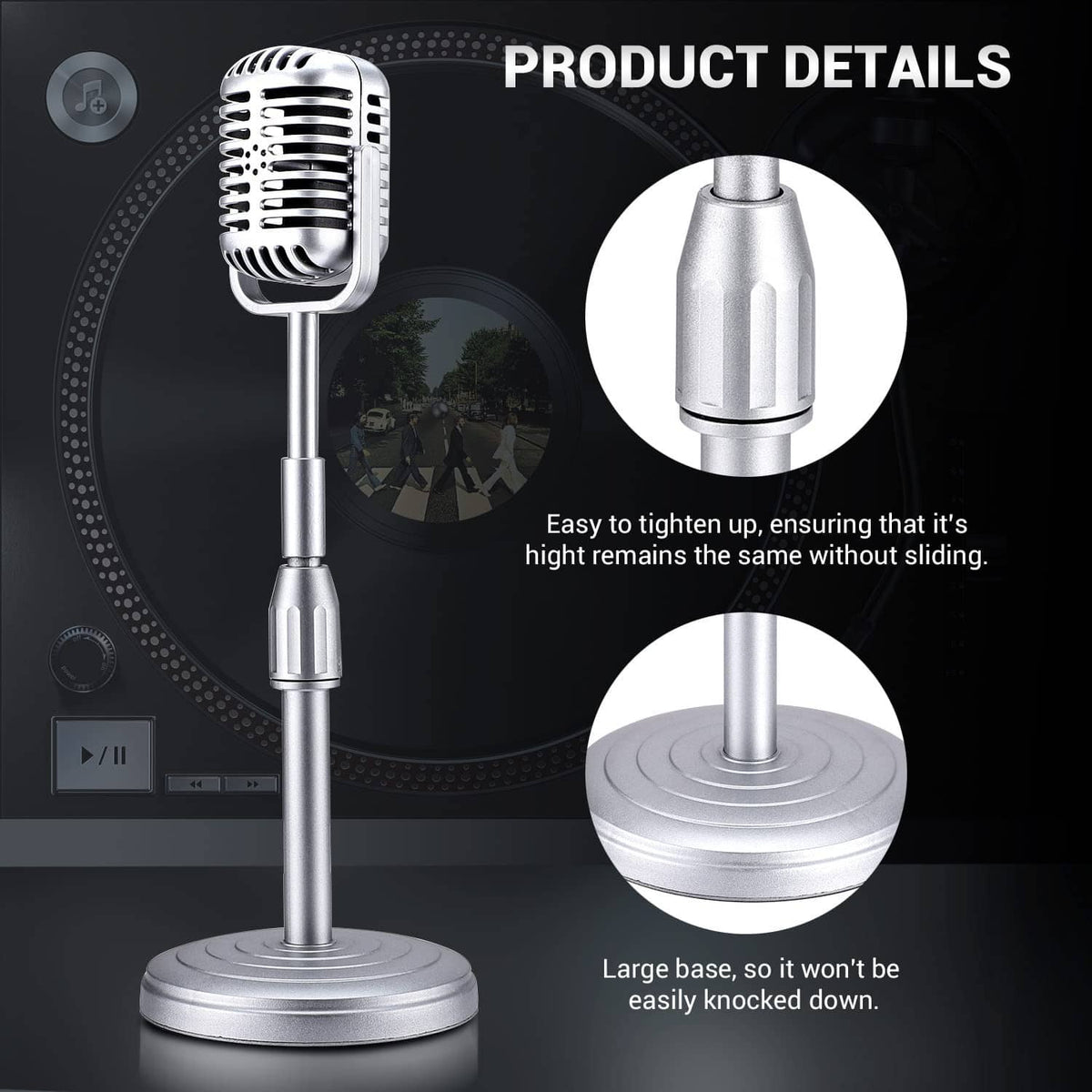 Vintage microphone stand detail with tightening section and large round base, silver tone